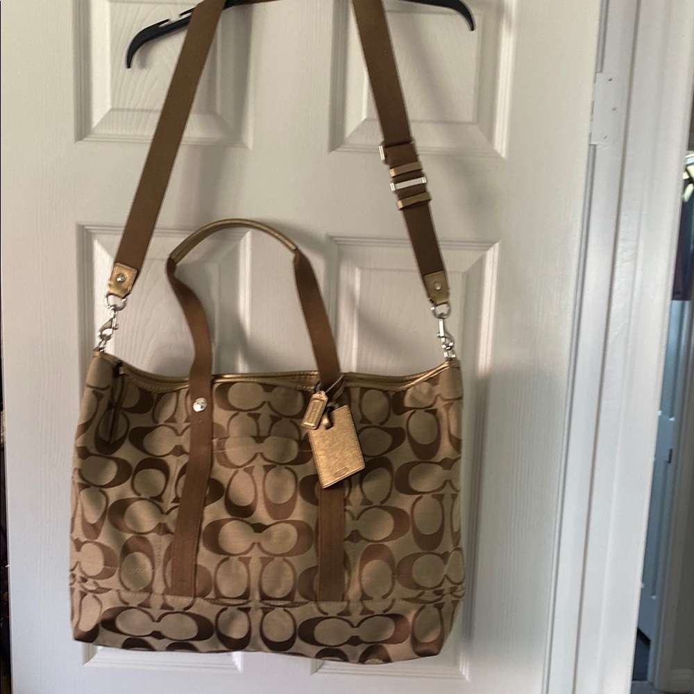 Coach Brown Monogram Tote with Bronze Metallic Trim